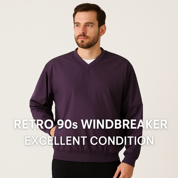 JOHN ASHFORD Retro 90s Purple Lined V-Neck Windbreaker Pullover Jacket L - Picture 1 of 14